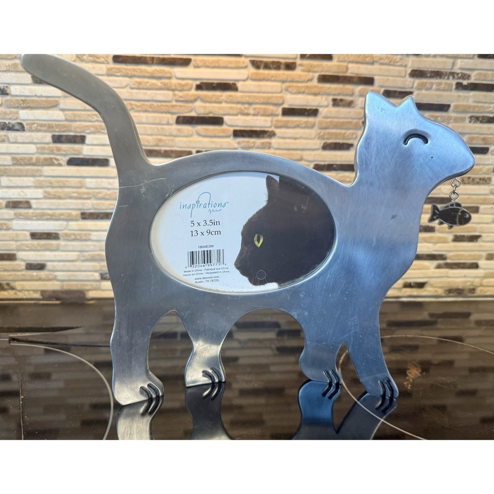 Inspirations 🎣 Purrfect Desk Decor! 🎣 Metal Cat‎ Frame with Fish - 5x3.5" New